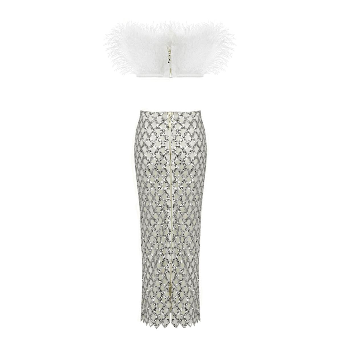 White Feather Crop Top Sequin Skirt Set