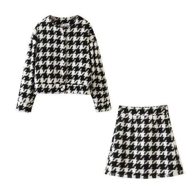 Houndstooth Tweed Jacket Mini Skirt Set