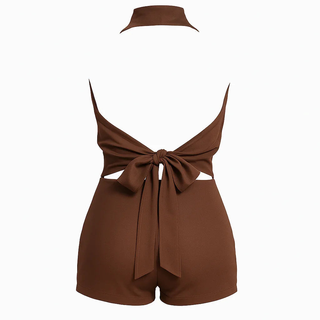 Brown Deep V Halter Neck Draped Mini Romper Set