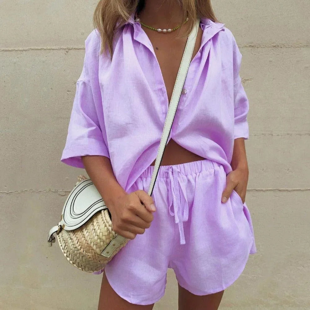 Freya Fabric Lilac Linen Oversized Shirt Shorts Co-Ord Set