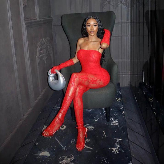 Freya Fabric Red Sheer Lace Tube Dress Three Piece Set