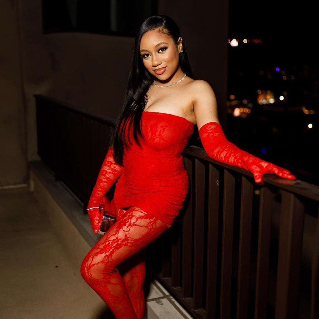 Freya Fabric Red Sheer Lace Tube Dress Three Piece Set
