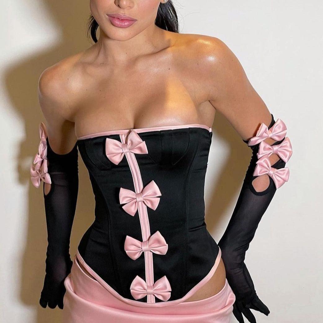 Freya Fabric Black Pink Bow Embellished Corset Mini Dress Set