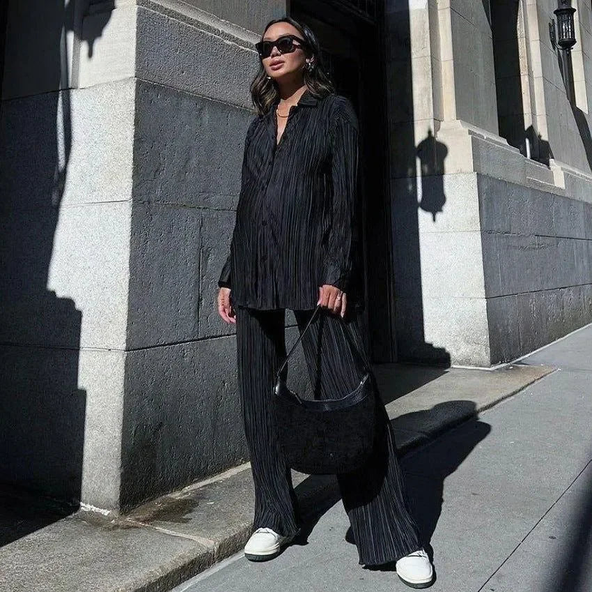 Black Pleated Oversized Shirt Wide Leg Pants Set