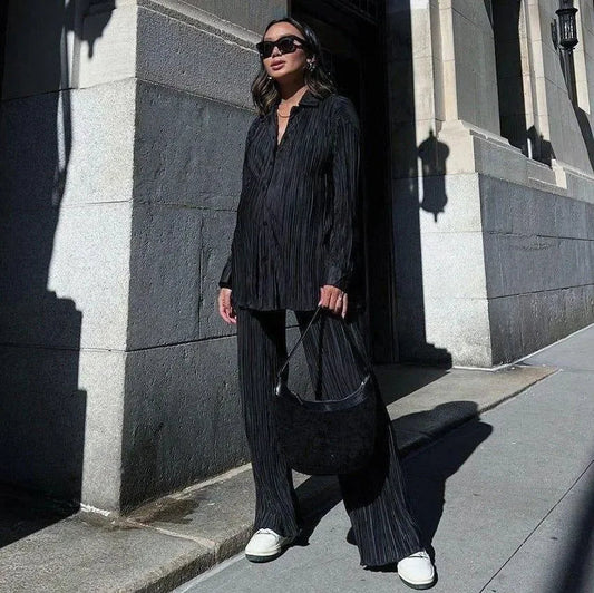 Freya Fabric Black Pleated Oversized Shirt Wide Leg Pants Set
