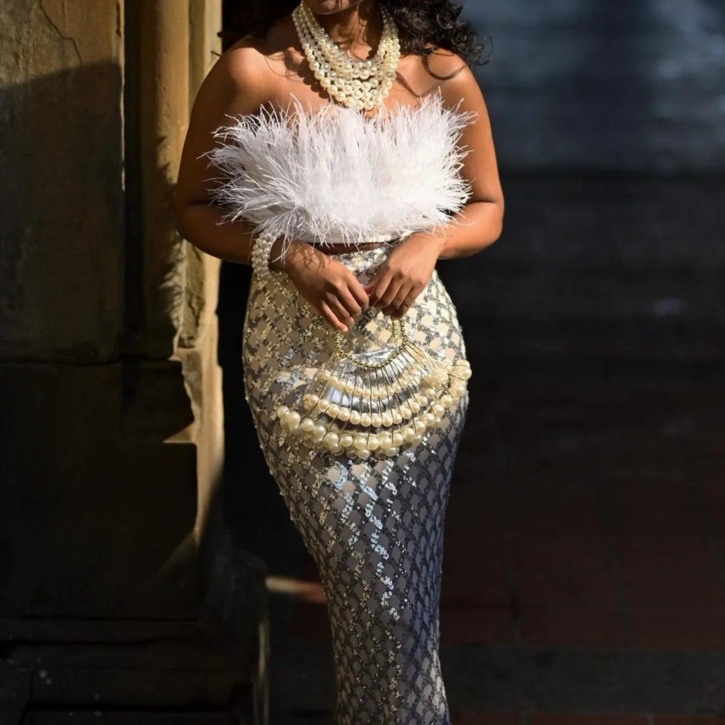 Freya Fabric White Feather Crop Top Sequin Skirt Set
