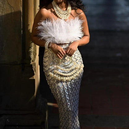 White Feather Crop Top Sequin Skirt Set