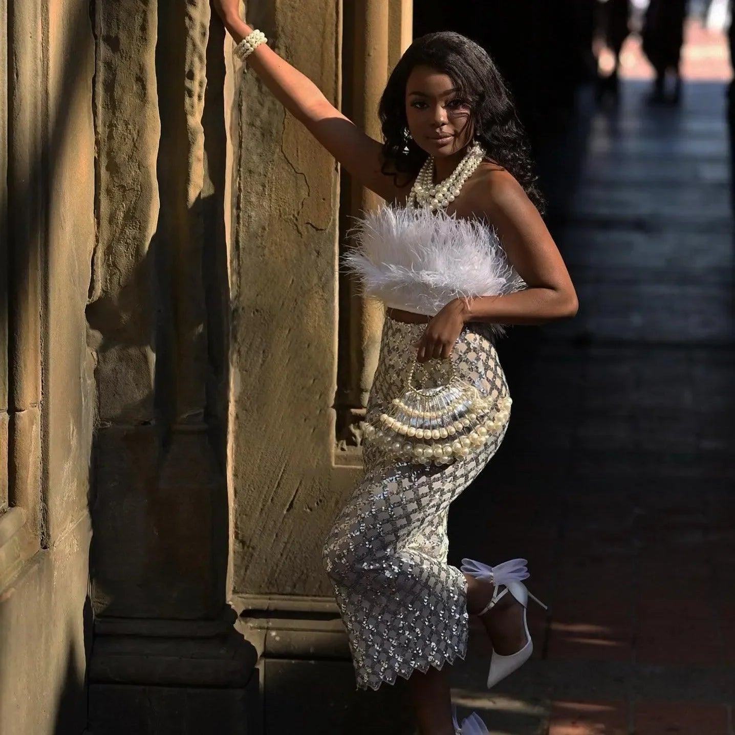 Freya Fabric White Feather Crop Top Sequin Skirt Set