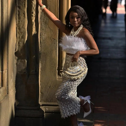 White Feather Crop Top Sequin Skirt Set
