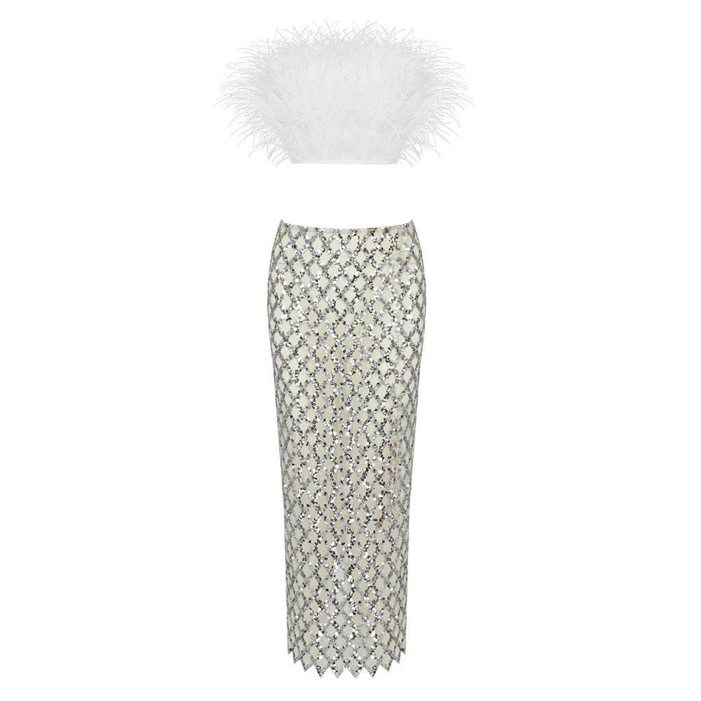 Freya Fabric White Feather Crop Top Sequin Skirt Set