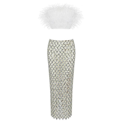 White Feather Crop Top Sequin Skirt Set