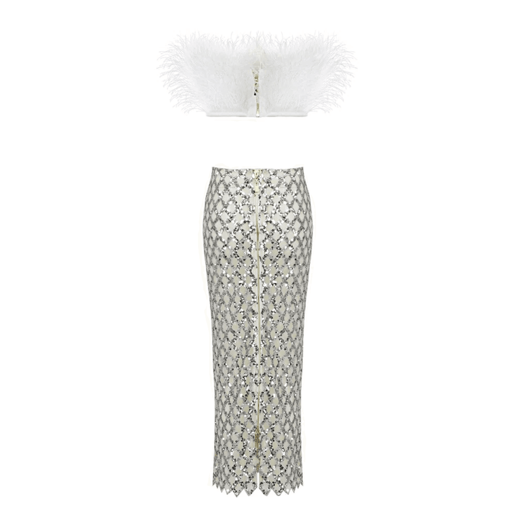 Freya Fabric White Feather Crop Top Sequin Skirt Set