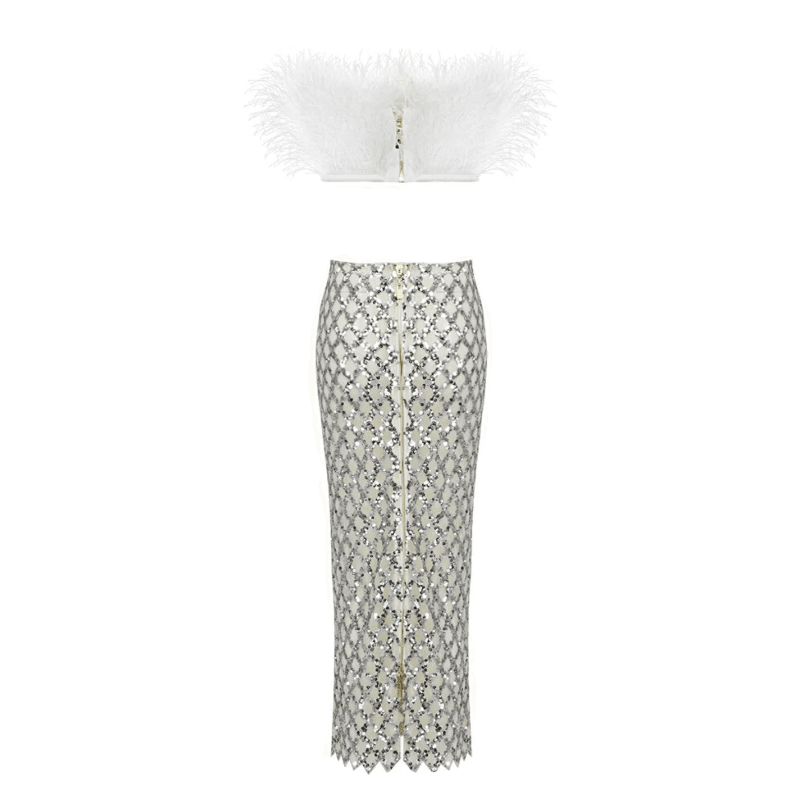 Freya Fabric White Feather Crop Top Sequin Skirt Set