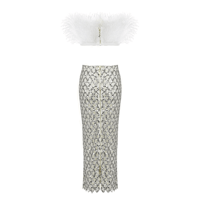 White Feather Crop Top Sequin Skirt Set