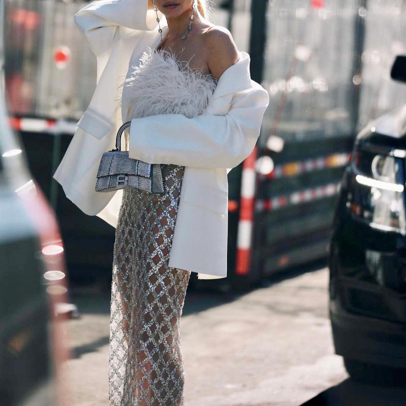 Freya Fabric White Feather Crop Top Sequin Skirt Set