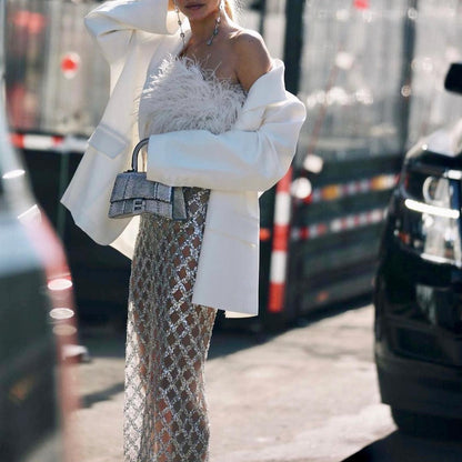 White Feather Crop Top Sequin Skirt Set