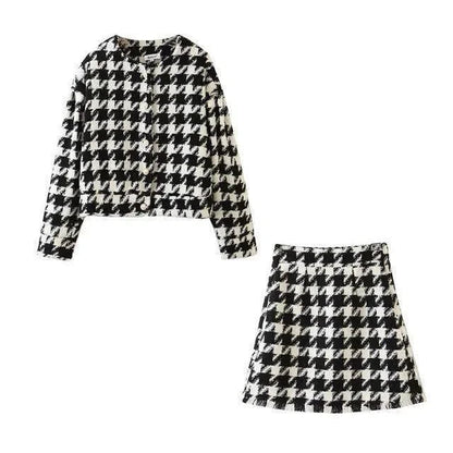 Houndstooth Tweed Jacket Mini Skirt Set