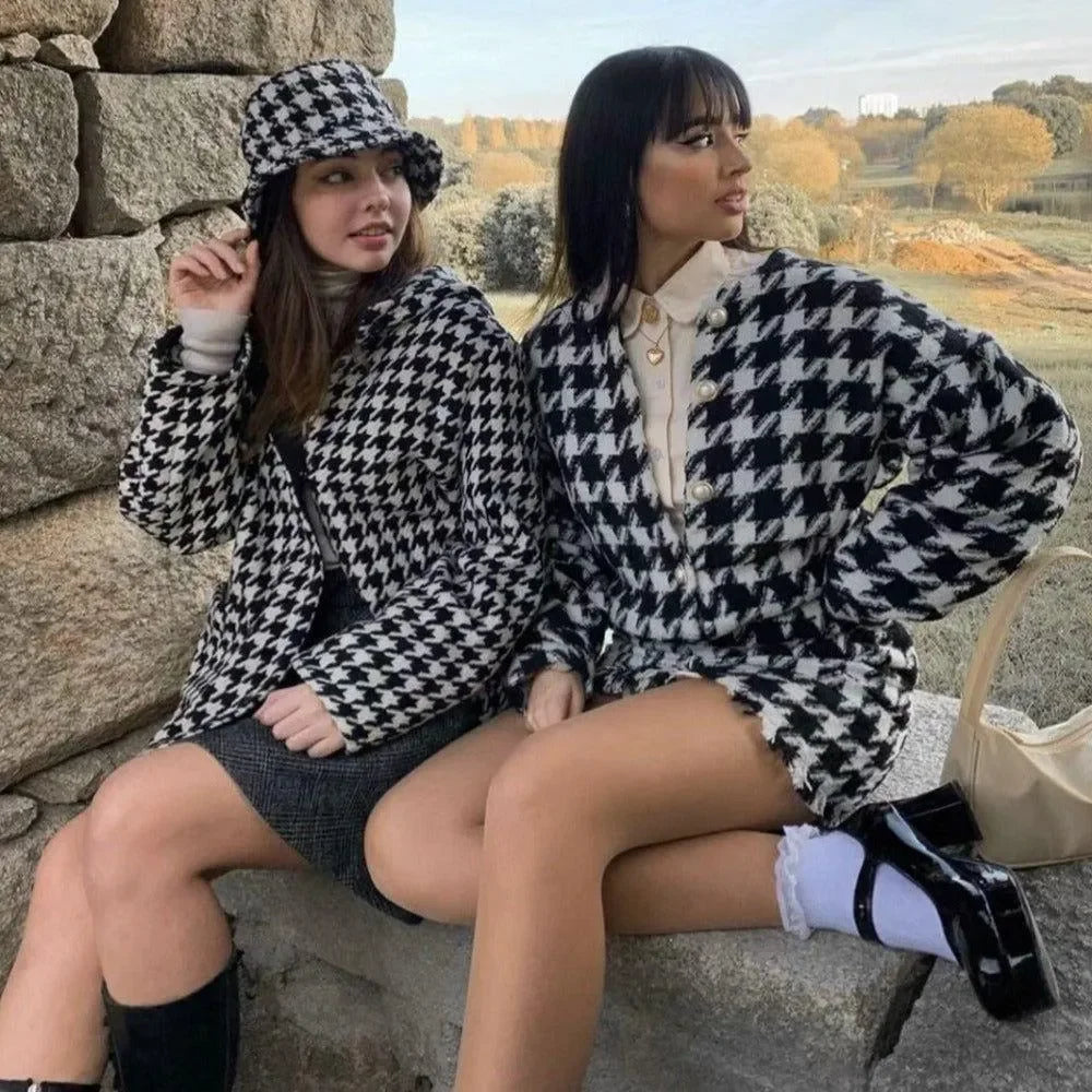 Houndstooth Tweed Jacket Mini Skirt Set