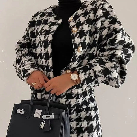 Freya Fabric Houndstooth Tweed Jacket Mini Skirt Set