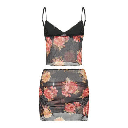 Black Floral Mesh Cowl Neck Two Piece Set