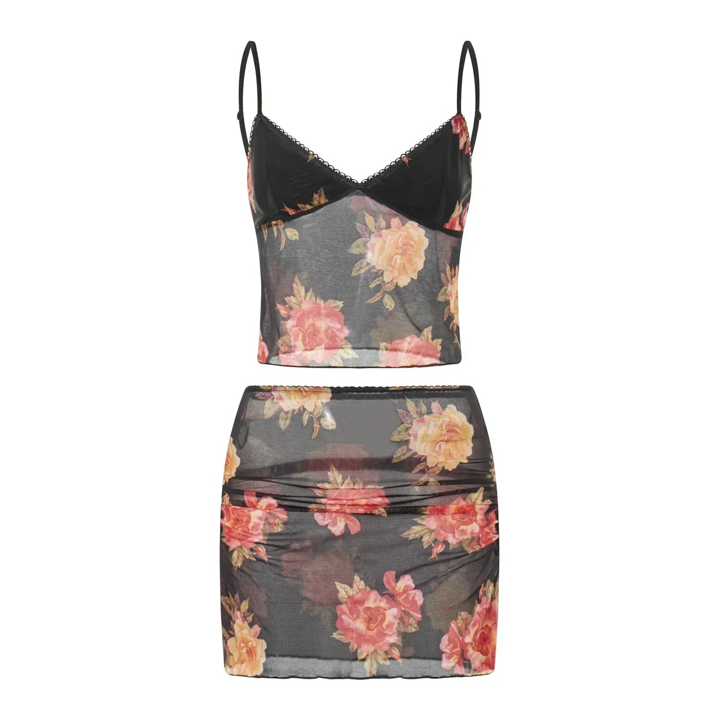 Black Floral Mesh Cowl Neck Two Piece Set