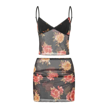 Black Floral Mesh Cowl Neck Two Piece Set