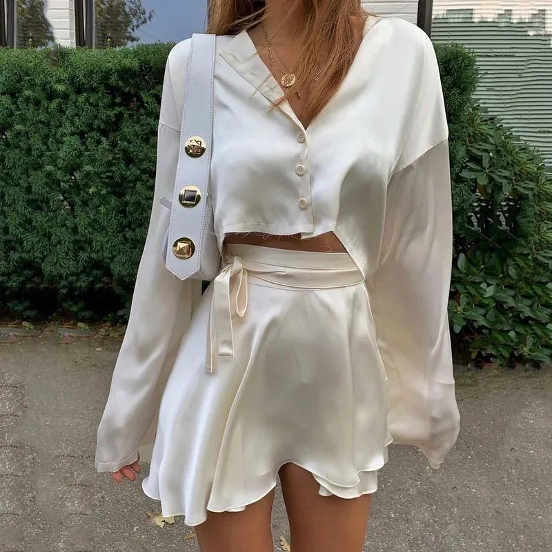 Freya Fabric White Satin Button Crop Blouse Belted Skirt Set
