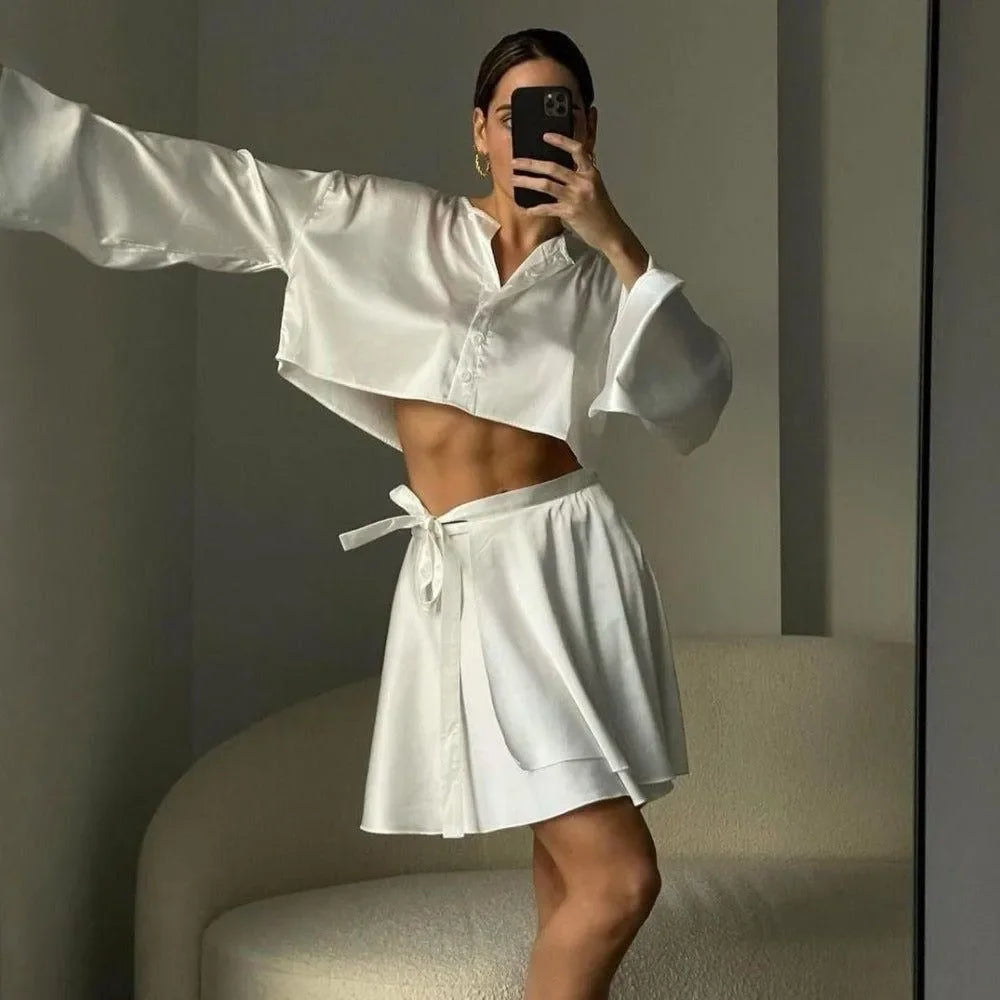 Freya Fabric White Satin Button Crop Blouse Belted Skirt Set