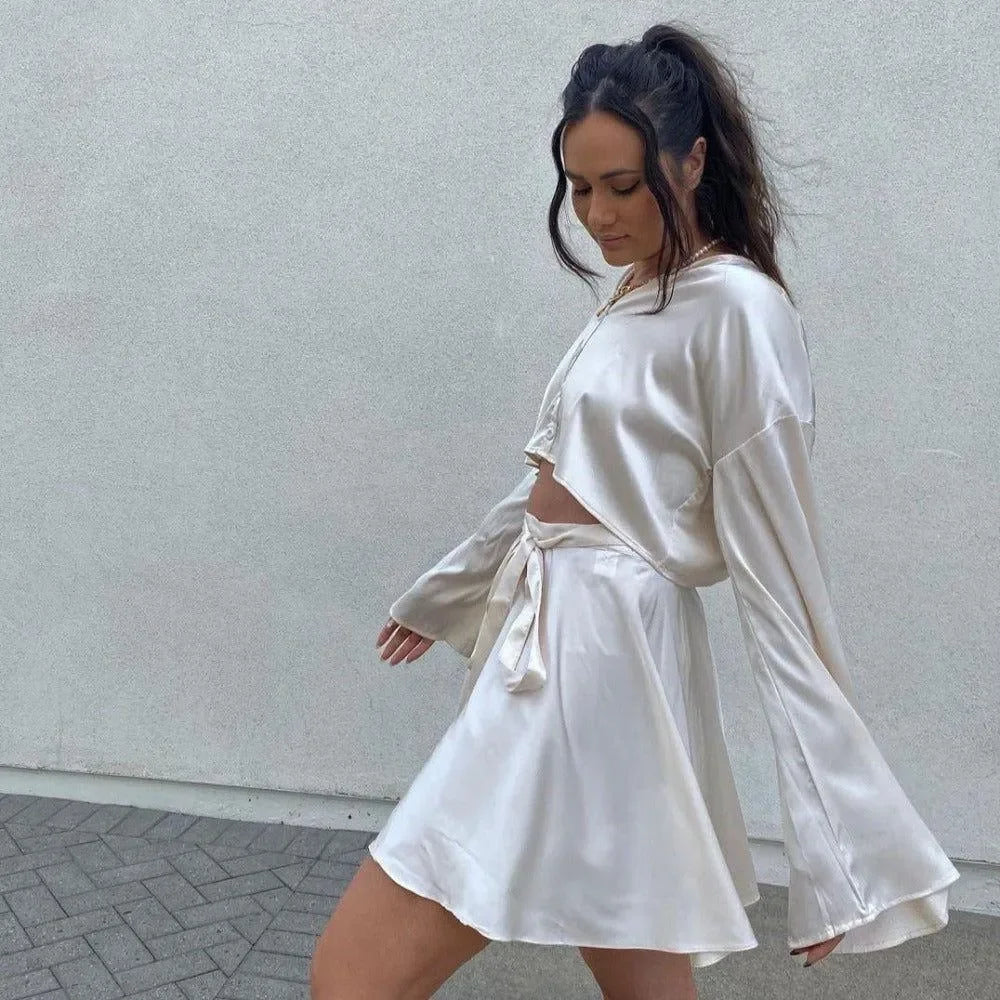 Freya Fabric White Satin Button Crop Blouse Belted Skirt Set