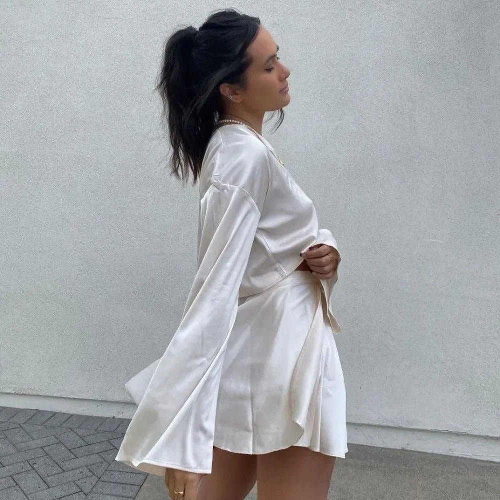 Freya Fabric White Satin Button Crop Blouse Belted Skirt Set