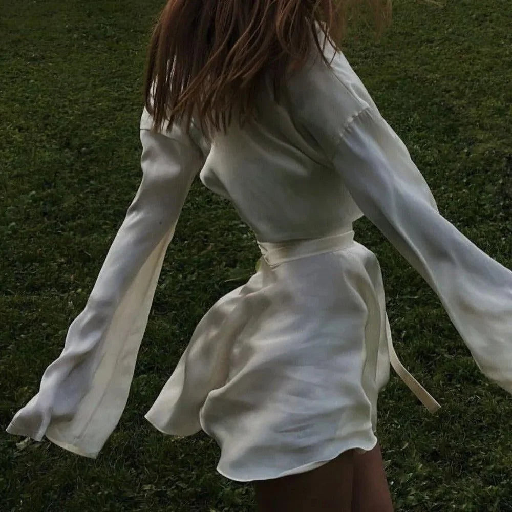 Freya Fabric White Satin Button Crop Blouse Belted Skirt Set