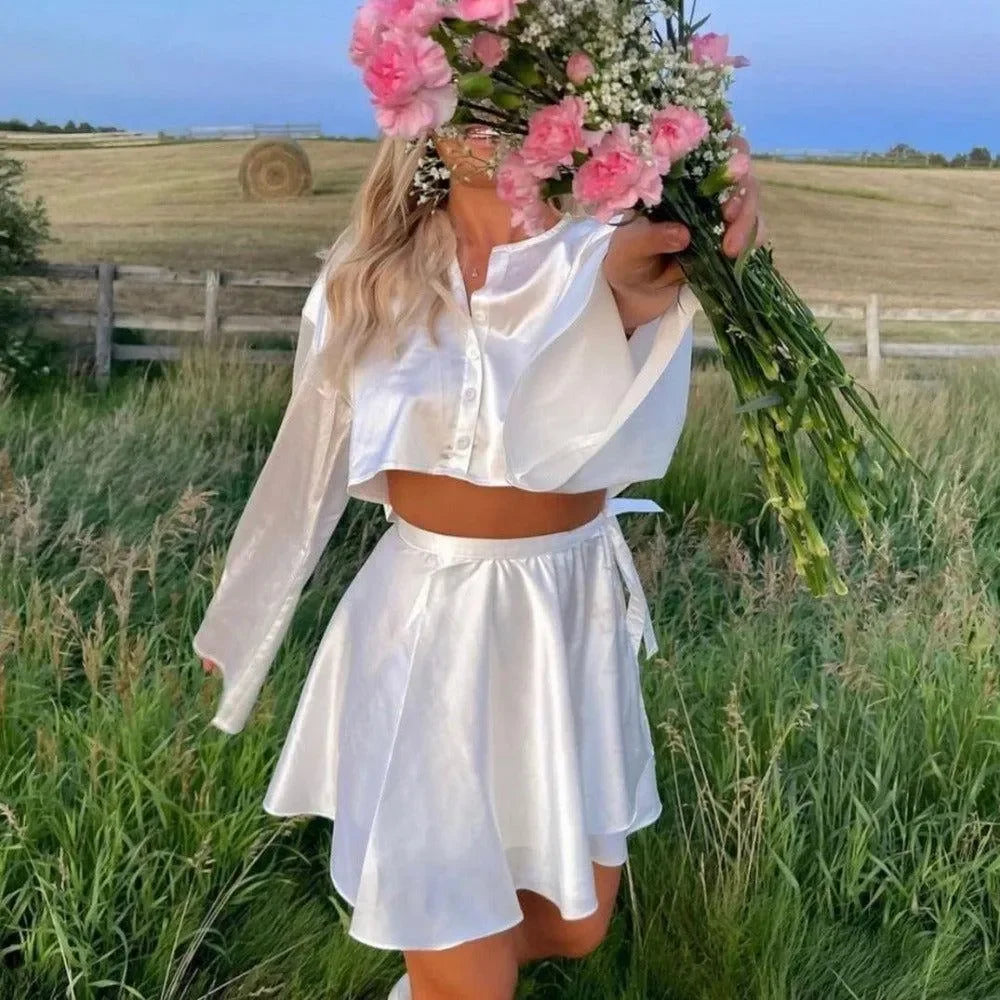 Freya Fabric White Satin Button Crop Blouse Belted Skirt Set