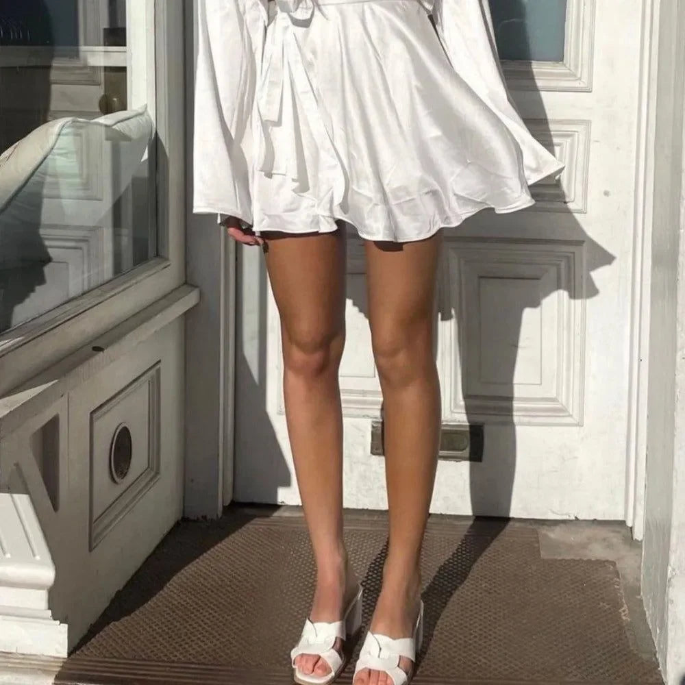 Freya Fabric White Satin Button Crop Blouse Belted Skirt Set