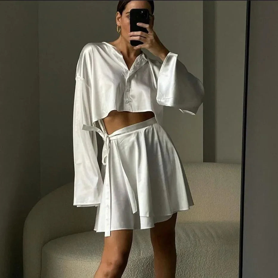 Freya Fabric White Satin Button Crop Blouse Belted Skirt Set