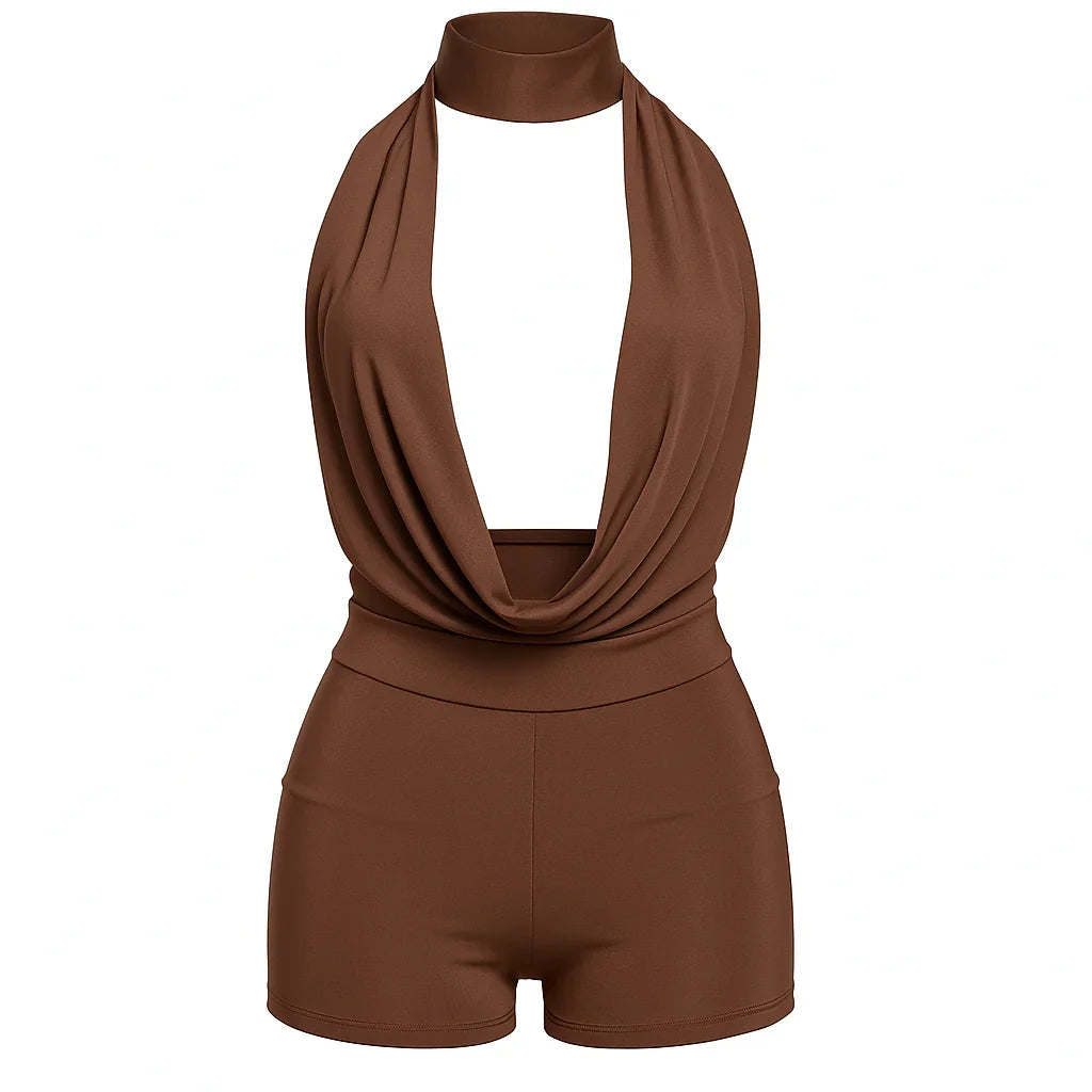 Brown Deep V Halter Neck Draped Mini Romper Set