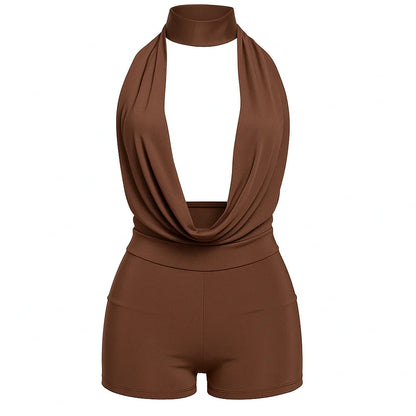 Brown Deep V Halter Neck Draped Mini Romper Set