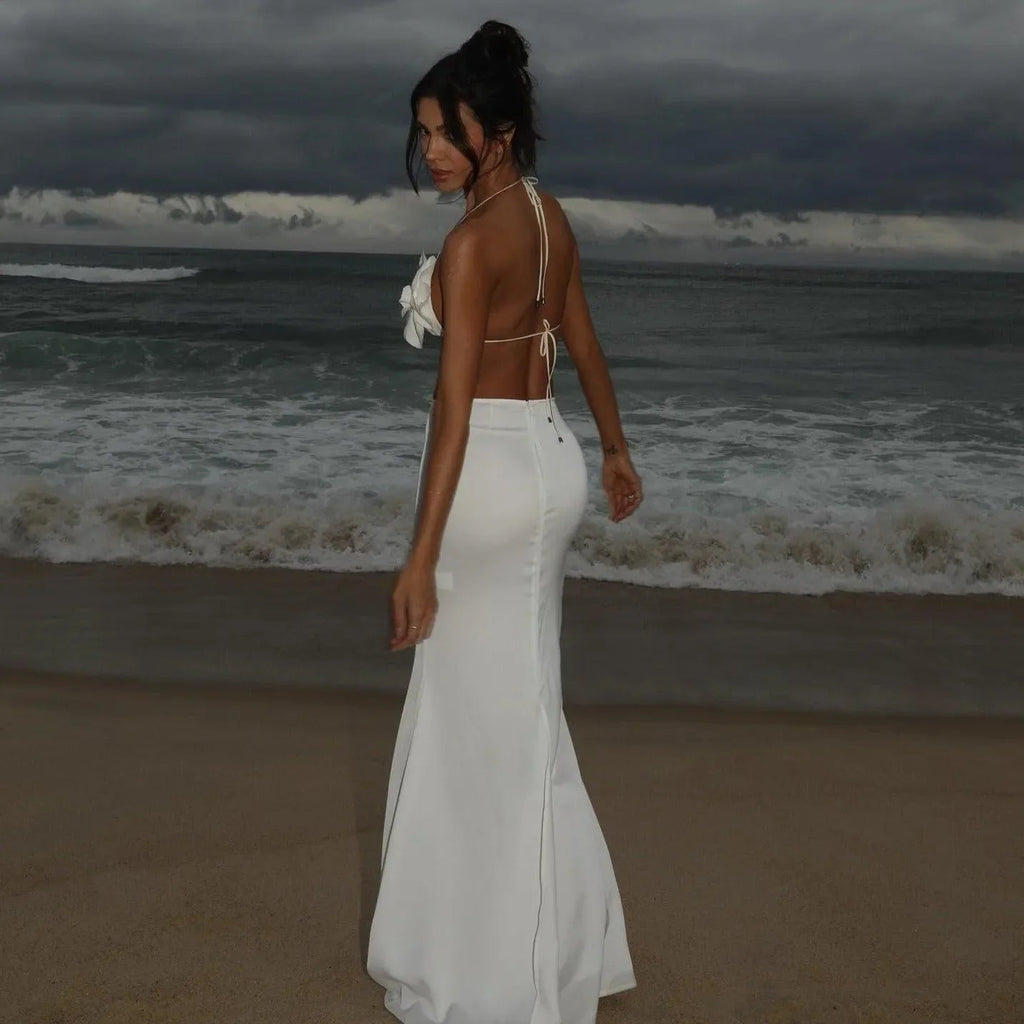 Freya Fabric White 3D Floral Halter Bra Top Maxi Skirt Set