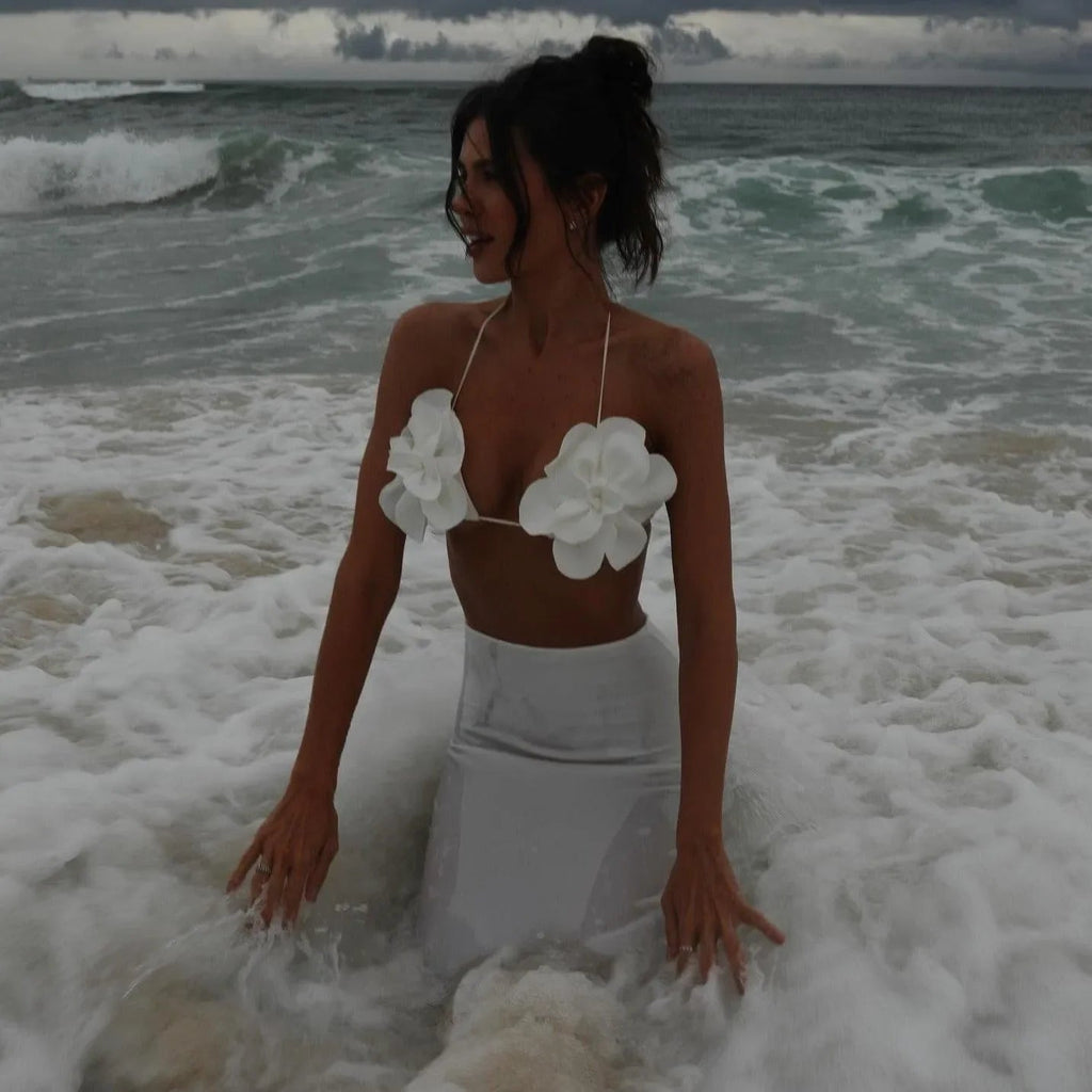 Freya Fabric White 3D Floral Halter Bra Top Maxi Skirt Set