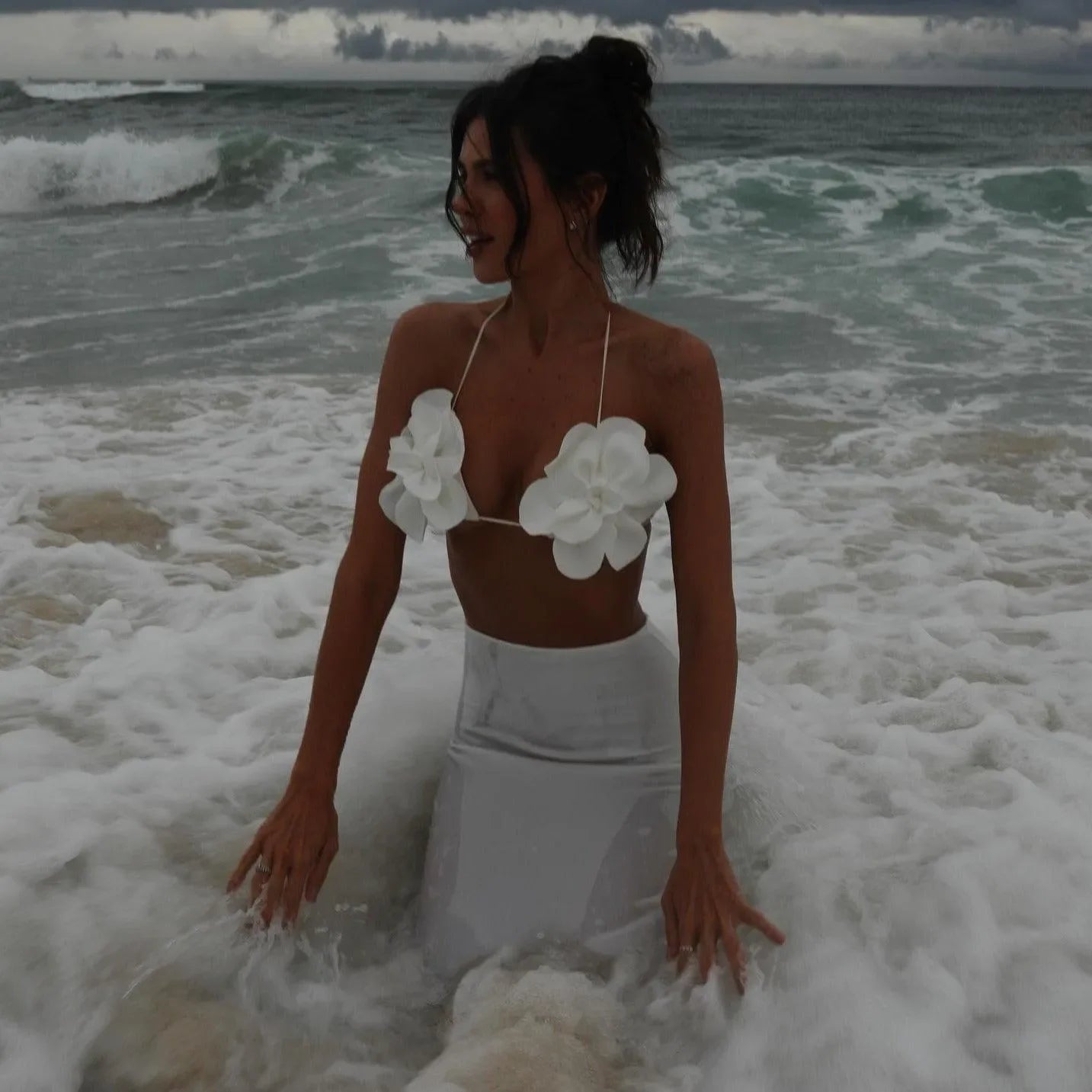 Freya Fabric White 3D Floral Halter Bra Top Maxi Skirt Set