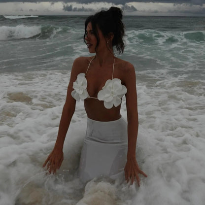White 3D Floral Halter Bra Top Maxi Skirt Set