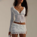 Freya Fabric White Ruffle Trim Long Sleeve Top Mini Skirt Set